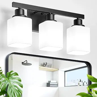 3-Light Bathroom Vanity Light,Modern Matte Black Bathroom Light Fixtures with Square Frosted Glass,Wall Sconces Lighting fixtures Over Mirror Restroom, Living Room Hallway