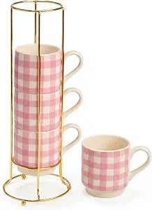 Paris Hilton Stackable Coffee Mug Set with Gold-Tone Rack, Gingham Ceramic Stoneware Cups for Coffee, Tea & Latte, Microwave & Dishwasher Safe, 4-Piece, 10-Ounce, Pink