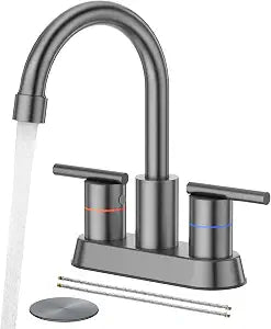 Faustina Gery Bathroom Faucet, 4 Inch Centerset Faucet for Sink 2 Holes 3 HolesTwo Handles 304 Stainless Steel with Pup up Drain Assembly and 2 Water Supply Lines for RV Vanity
