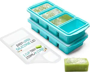 XOMOO Silicone Freezer Tray With Lid - Soup Freezer Container molds - Large Ice Cube Tray- makes 8 perfect 1 cup portions cubes, 2-Pack Freezer Storage Food Soups & Meal Prep - Oven & Dishwasher -Safe