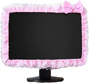 Computer Monitor Cover with Lovely Cute Elastic Pen Pocket Bow-knot TV LCD Screen Monitor Decoration Dust Cover Protector, lace fabric (17''-22''Pink)