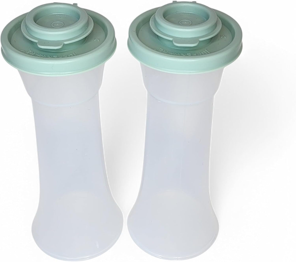 Tupperware Large Hourglass Salt and Pepper Shakers Clear Containers with Sage Green
