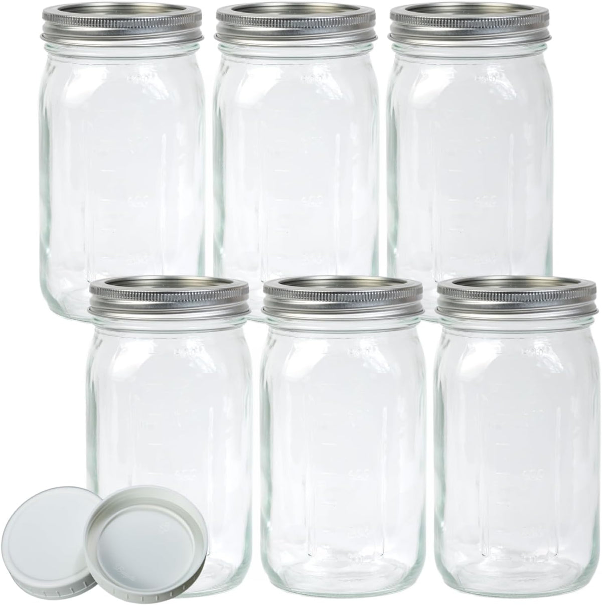 Jumterlee 6 Pack 32 oz Mason Jars, Wide Mouth Mason Jars with Lids and Bands and 6 White Plastic Mason Jar Lids, Canning Jars for Overnight Oats, Food Storage, Dry Food, Snacks, Candies and More