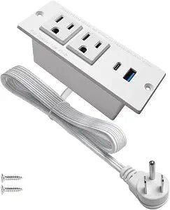 USB C Recessed Power Strip Fast Charge Desktop Power Station 2 Outlets 2 USB (PD20W & QC18W, Total 20W) Mountable Flat Plug Extension Cord Mount for Tabletop Sofa Cabinet Nightstand (USB C White)