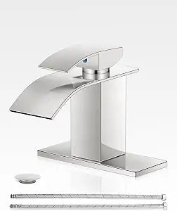 Bathroom Faucets, Waterfall Faucet for Bathroom Sink, Single Handle Brushed Lavatory Vanity Sink Faucet, Bathroom Faucet 1 Hole with Pop Up Drain and Deck Plate