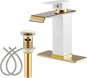 Bathroom Faucet Gold Spout Waterfall White Body Single Hole 1 Handle