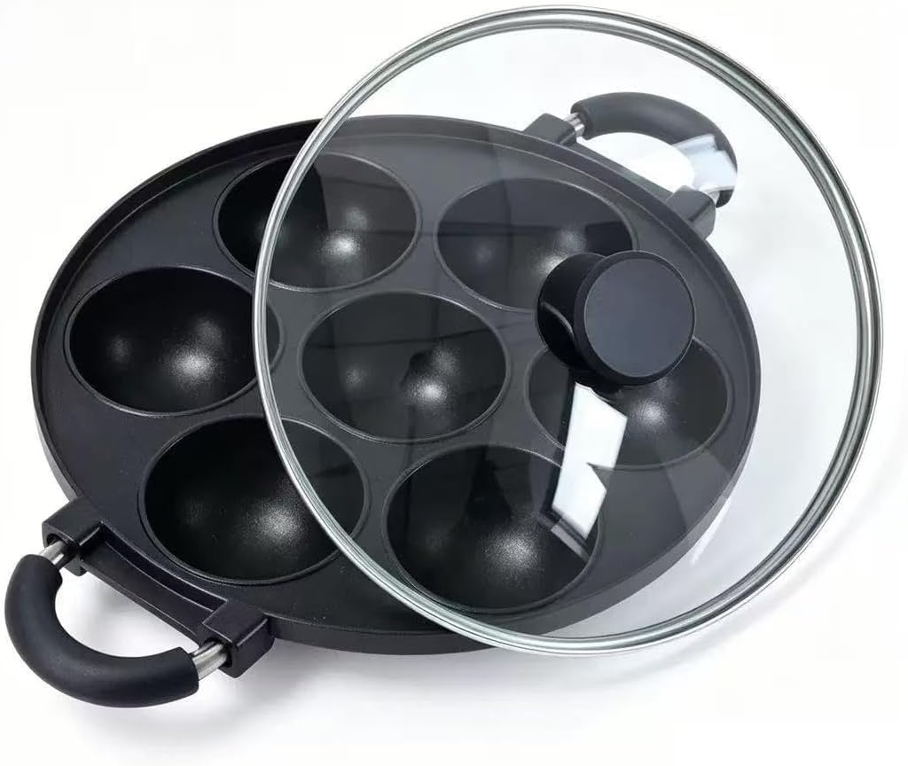 7-Hole Nonstick Takoyaki Pan with Glass Lid, Cast Aluminium