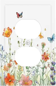 Boho Colorful Floral Butterfly Watercolor Flower 1 Gang Duplex Outlet Covers Decorative Single Electrical Receptacle Wall Plate Light Switch Cover Plate for Country Bathroom Decor