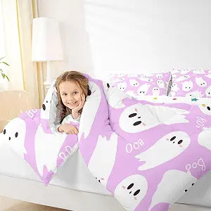Manfei Kawaii Ghost Twin Size Comforter Set,Halloween Theme Quilt Set Soft Bed Collection,Purple Cartoon Style Bedding Comforter for Boys Girls Room Decor,2 Pcs