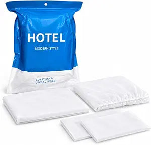 4-Piece Disposable Travel Bedding Set, Non-Woven Duvet Cover, Half-Fitted Sheet with Elastic Ends and 2 Pillowcases for Hotel Stays