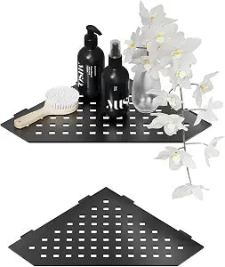 lives 0.12" Shower Corner Shelves, 304 Stainless Steel Corner Shower Shelf, 2 PCS Heavy Duty Shower Caddy for Tiled Wall, Bathroom Shelves, No Drilling, Dimond Shape (Black, Square Patterns)