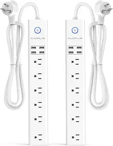 2 Pack Power Strip Surge Protector Flat Plug - 6 Widely Spaced Outlets 4 USB Charging Ports, 2100J/10A with 6Ft Long Extension Cord, Overload Surge Protection, Wall Mount for Home Office
