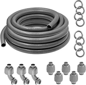 1/2 inch 25 Ft Liquid-Tight Conduit UL Certification - Flexible Non-Metallic Liquid Tight Electrical Flexible Conduit with 5 Straight and 3 90-Degree Connector Fittings