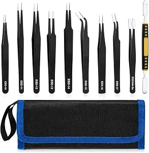 10 Piece Precision Tweezers Set, ESD Stainless Steel for Electronics Repair