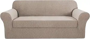 2 Piece Stretch Sofa Covers Couch Covers for Living Room Furniture Slipcovers (Base Cover Plus Seat Cushion Cover) Feature Upgraded Thicker Jacquard Fabric Removable Washable (Sofa, Sand)