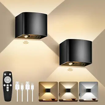 Motion Sensor Wall Light with Remote Control, 5000mAh Rechargeable Battery Powered Wall Lamps, Dimmable 2700-6500K, Adjustable Beam Angle, Black Up and Down Wireless Wall Sconce for Bedroom, 2-Pack