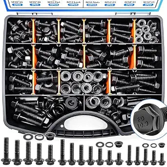 400Pcs Metric Flange Bolt Assortment, Nuts and Bolts Assortment Kit, 10.9 Grade M6x1.0, M8x1.25, M10x1.5 Metric Bolt, Black Hex Bolts and Nuts Washers Kit (12mm to 45mm)