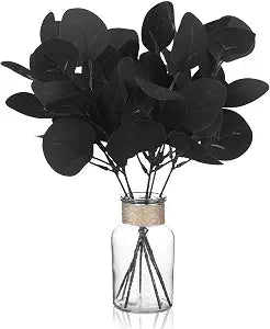 MotiMind 12 Pcs Black Eucalyptus Stems, Fake Leaf Glass Vase for Home Decor