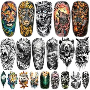 77 Sheets Temporary Tattoos, 17 Sheet Half Arm Wolf Lion Tiger Bear Leopard Eagle Fake Tattoos for Adults Shoulder Neck, 60 Sheet Tiny Animal Temporary Tattoos Realistic for Men Women Boys & Girls