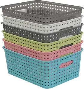 Mixed Color Rectangle Storage Baskets, Plastic Weave Shelf Baskets, 6 Packs