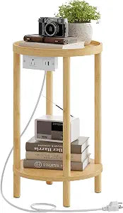 HOOBRO Small Round Side Table with Charging Station, 2-Tier Round Bamboo End Table, Compact Sofa Bedside Table for Small Space, Easy Assembly, for Living Room, Bedroom, Apartment, Natural YL156UBZ01