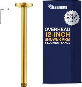 HammerHead Showers Solid Metal 12 Inch Ceiling Mount Shower Arm and Flange with Set Screw, Extra Long Straight Shower Arm for Rain Shower Head, Ceiling-Mounted Rain Shower Arm, Brushed Gold