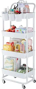 Buzowruil 4-Tier Rolling Utility Cart, Storage Cart with Handle Multi-Purpose and Locking Wheels,with Hanging Basket and Hook for Office, Kitchen, Bathroom,White