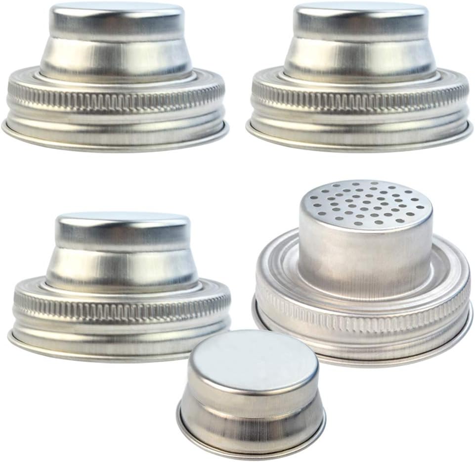 obmwang 4 Pack of Stainless Steel Mason Jar Shaker Lids Caps for Cocktail,Dredge Flour,Mix Spices,Sugar, Salt, Peppers and More or Shake Drinks Cocktail-Fits Any Regular Mouth Mason Jar Canning Jar