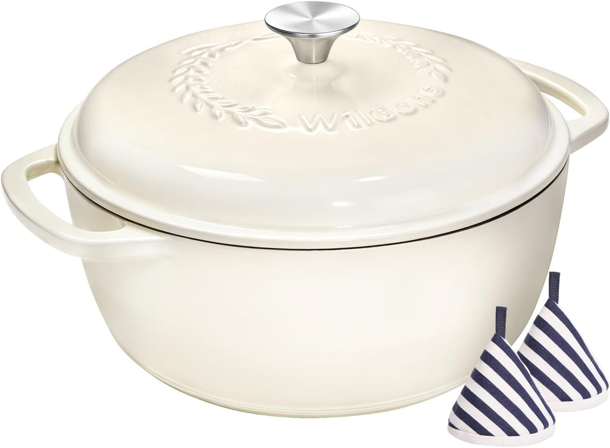 Enameled Cast Iron Dutch Oven Pot with Lid - Wildone 6QT Dutch Oven for Bread Baking, Braising, Stews, Roasting, Across All Cooktops, Oven Safe up to 500 F, Cream White