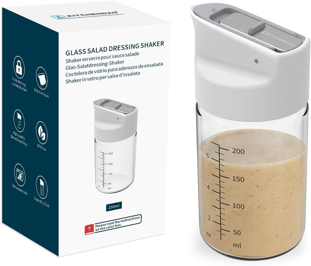 KITCHENDAO Glass Salad Dressing Shaker Bottle, 250ml, with Measuring Marks
