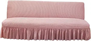 Futon Cover Slipcover Removable Armless Sofa Bed Slipcovers Full Size with Skirt Ruffled Knitted Futon Sofa Cover Furniture Bed Protector with Elastic Bottom M Pink