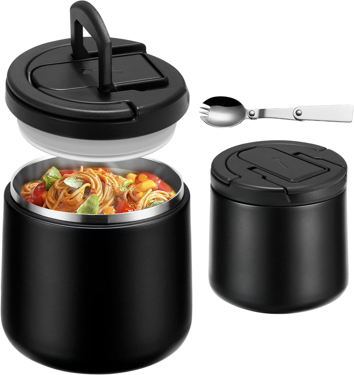 20oz Insulated Vacuum Food Jar with Buckle Lid,Soup Thermo for Hot Food Kids,Wide Mouth Leakproof Stainless Steel Lunch Container with Spoon-Black
