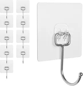 Adhesive Wall Hooks for Hanging - 60lb Heavy Duty Waterproof & Rustproof, Sticky Hooks for Walls No Damage, Kitchen/Bathroom/Rental (Ganchos para Pared) 10-Pack