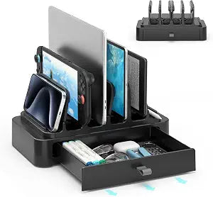 KDD Vertical Laptop Stand with Drawer - 7-in-1 Space-Saving Laptop Holder with Gravity Locking Fits MacBook, Dell, HP, Chromebook, Surface Pro, Tablet, Cell Phone, Switch, Keyboard Desktop Organizer