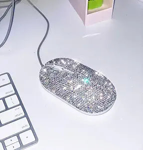 TISHAA Sparkling Rhinestone Wired Mouse  Blinged-Out Crystal Mouse for Desk, for Women, Office Decor, and Sparkly Accessories (New White)