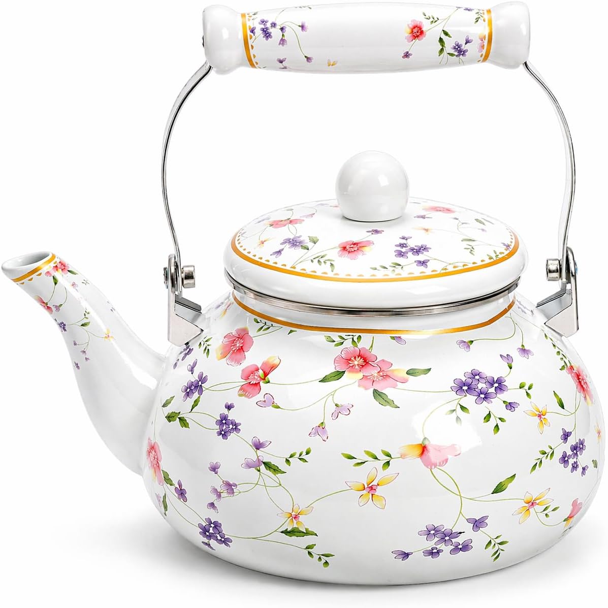 Jucoan Vintage Enamel Tea Kettle, 2.6 Quart Floral Enamel Water Kettle Teapot with Porcelain Handle for Stovetop Home Kitchen Camping, Gift for Wedding Housewarming Thanksgiving Christmas