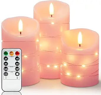 Homemory Flameless Candles with String Lights, 3 Pack Embedded Fairy String Lights LED Candles, Electric Flickering Candles with Remote Control and Timer, Real Wax, Pink