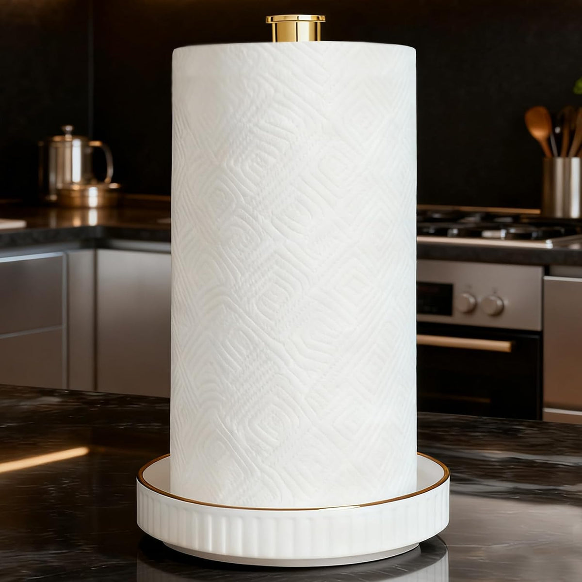 Paper Towel Holder, Ceramic Heavy Plate Base Wobble-Free, Roll Stand-Gold