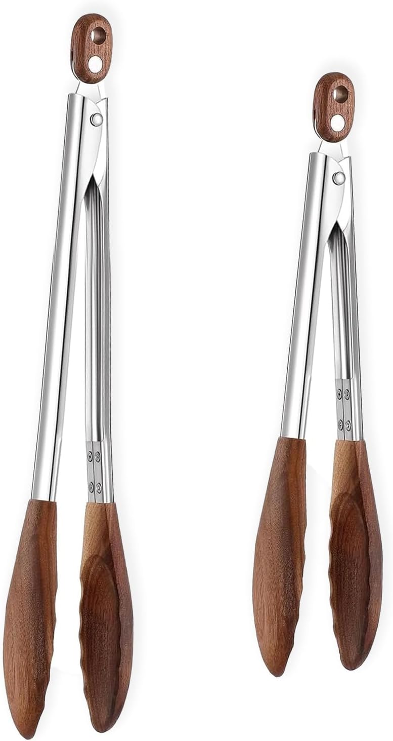 Wooden Tongs for Cooking Heat Resistant 2 Pcs 12 Inch 15 Inch Wooden Salad Tongs with Wood Tip for Serving Food Walnut Wood Kitchen Utensils for Toaster Home Chefs Gift Suitable for Non-stick Cookware