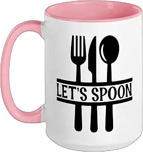 Let's Spoon Cutlery Cuddle Romance Foodie Design Ceramic Mug, Pink/White, 15oz