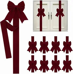 Syhood 8 Pcs Velvet Christmas Cabinet Bows Door Decorative, Burgundy