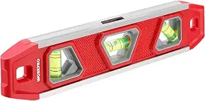 WORKPRO 9-Inch Torpedo Level Magnetic, Small Leveler Tool with 3 Different Bubbles 45/90/180 and Overhead Viewing Window, Shock Resistant Bubble Level V-Groove for Measuring plumbing, wood, etc.