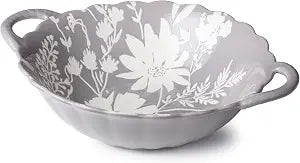 Wildflowers Wax Off Porcelain ROUND SERVING BOWL, floral etched matteandgloss bowl with subtle botanical detail, ideal for salads, sides, pasta, fruit, dcor