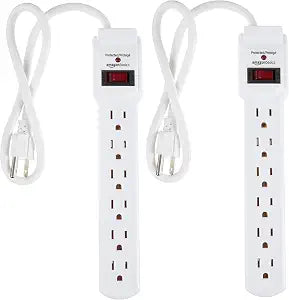 Amazon Basics Surge Protector Power Strip, 6-Outlet with 200J Protection, Circuit Breaker, LED Indicator, On/Off Switch, Wall-Mounting, 2ft Extension Cord, White, 2-Pack