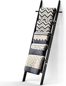 Farmhouse Wooden Blanket Ladder with Removable Hooks Black 6-Tier