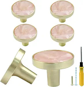 Bonsicoky 6 Pcs Gold Round Dresser Cabinet Knobs, Pink
