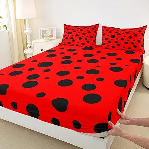 Castle Fairy Ladybug Fitted Sheet Queen Size Red and Black Bedding Set Polka Dot Pattern Sheet Set,Cartoon Theme Bed Cover Ultra Soft Breathable Bedspread 3 Pcs for Kids Teens Boys No Flat Sheet