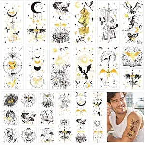 Black Dragon Temporary Tattoos, 28 PCS Dark Dragon Birthday Party Favors Decorations, Dark Mysterious Ancient Animals Tattoo Stickers for Adult Women Men Hand Neck Leg Arm