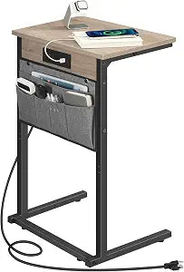 HOOBRO C Shaped End Table with Charging Station, Slide Under Couch Table