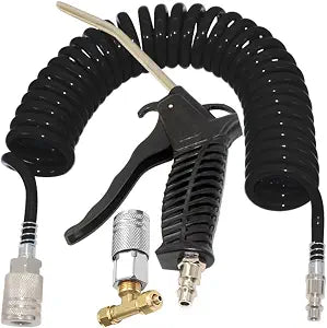Air Blow Gun kit with 16ft Long 8mm OD Coil PU Air Hose Air Duster Blow Gun Kit (Black)
